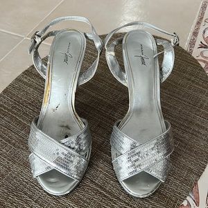 Silver sequin dressy sandals with 4” skinny heel.